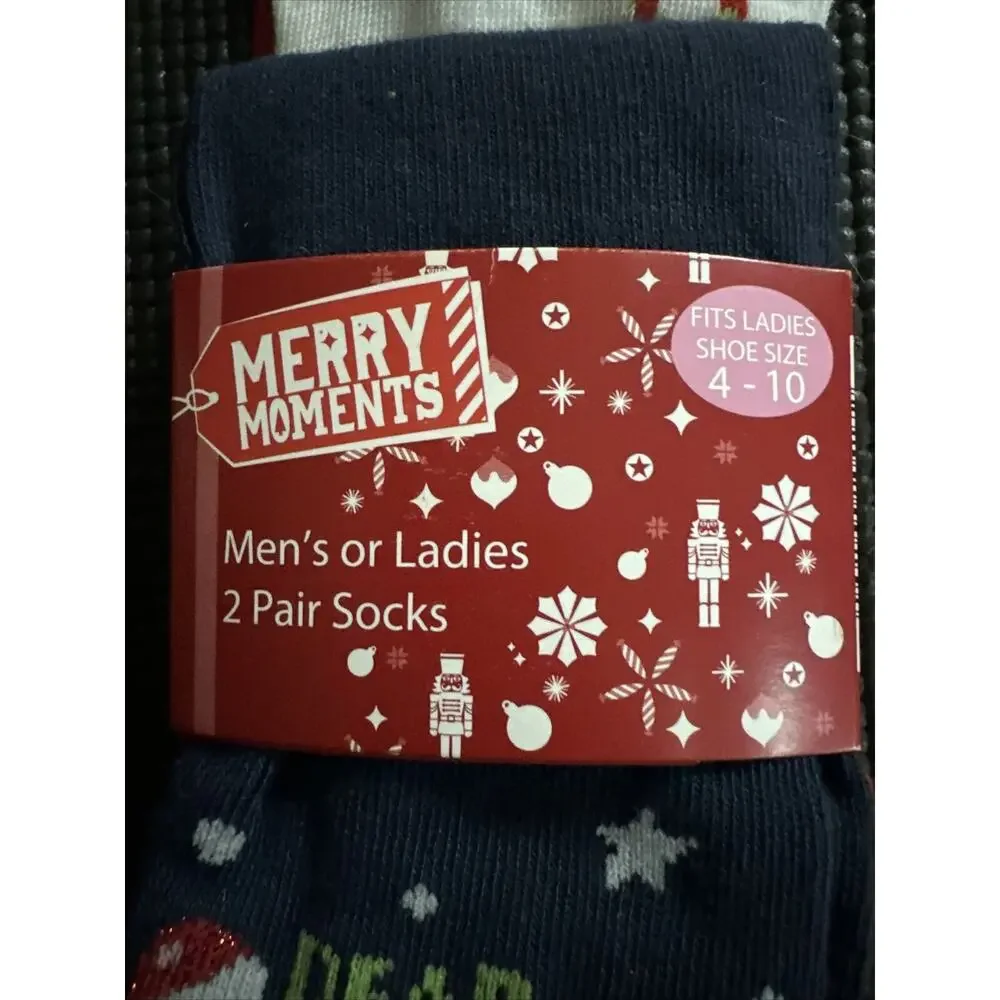 Holiday Novelty Socks Merry Moments Ladies 2 Pair Size 4-10 Dear Santa‎ NWT